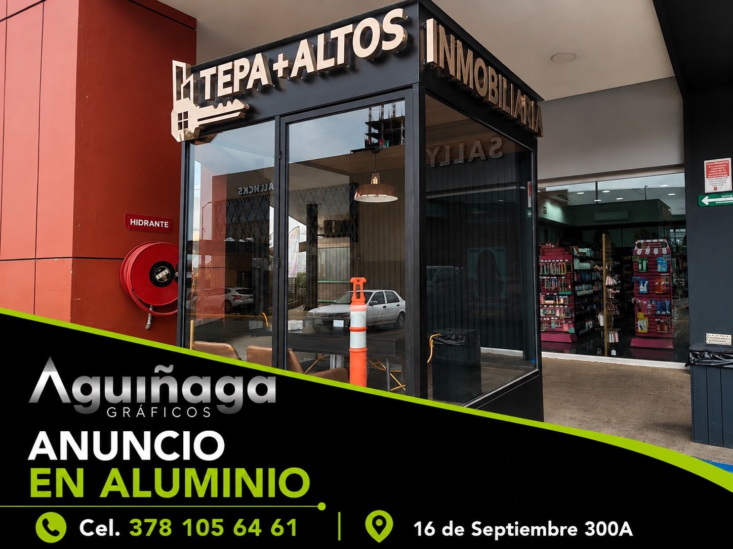 Anuncio en aluminio Tepa + Altos Inmobiliaria realizado por Aguiñaga Gráficos