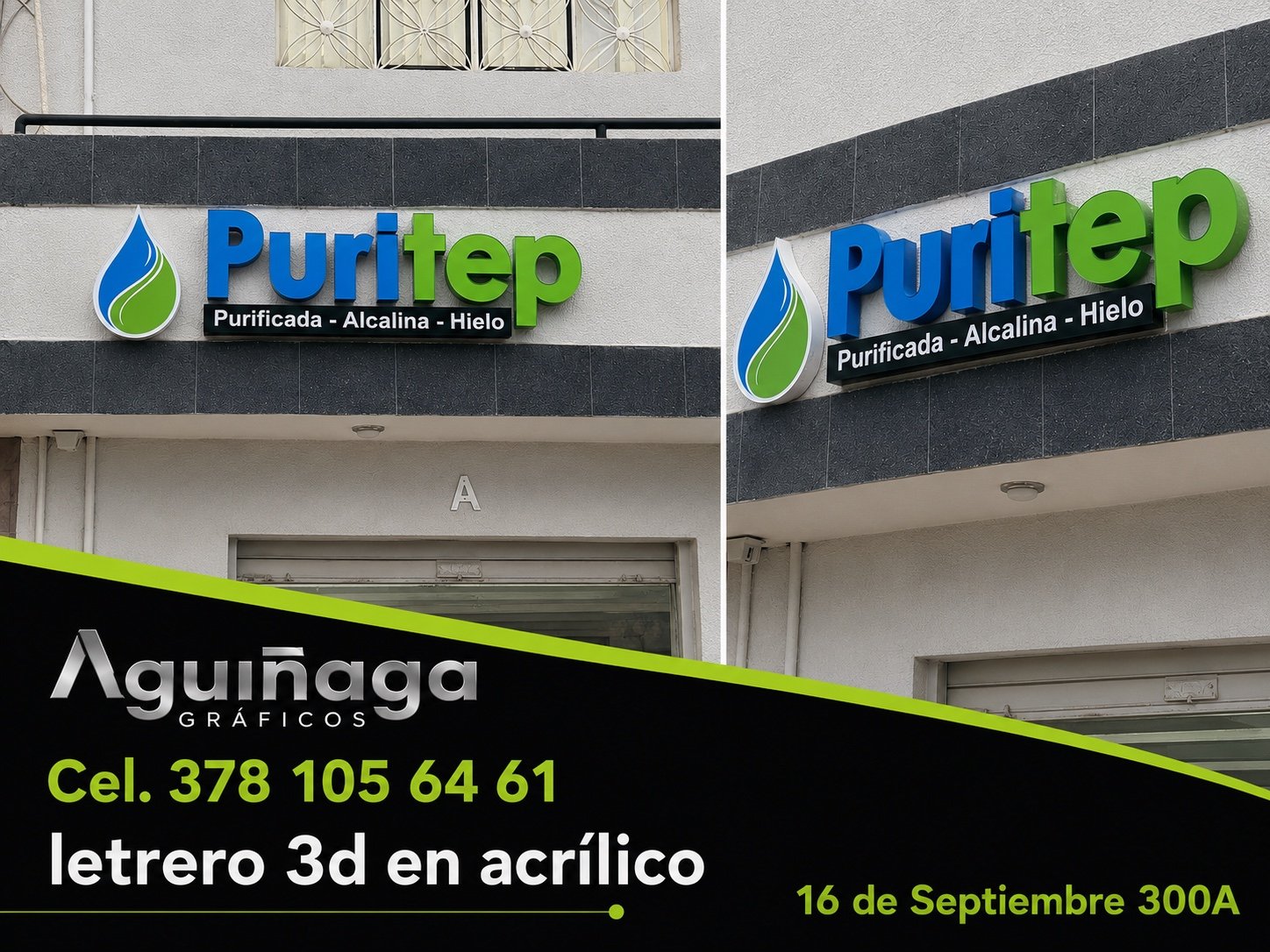 Letrero 3D en acrílico Puritep realizado por Aguiñaga Gráficos