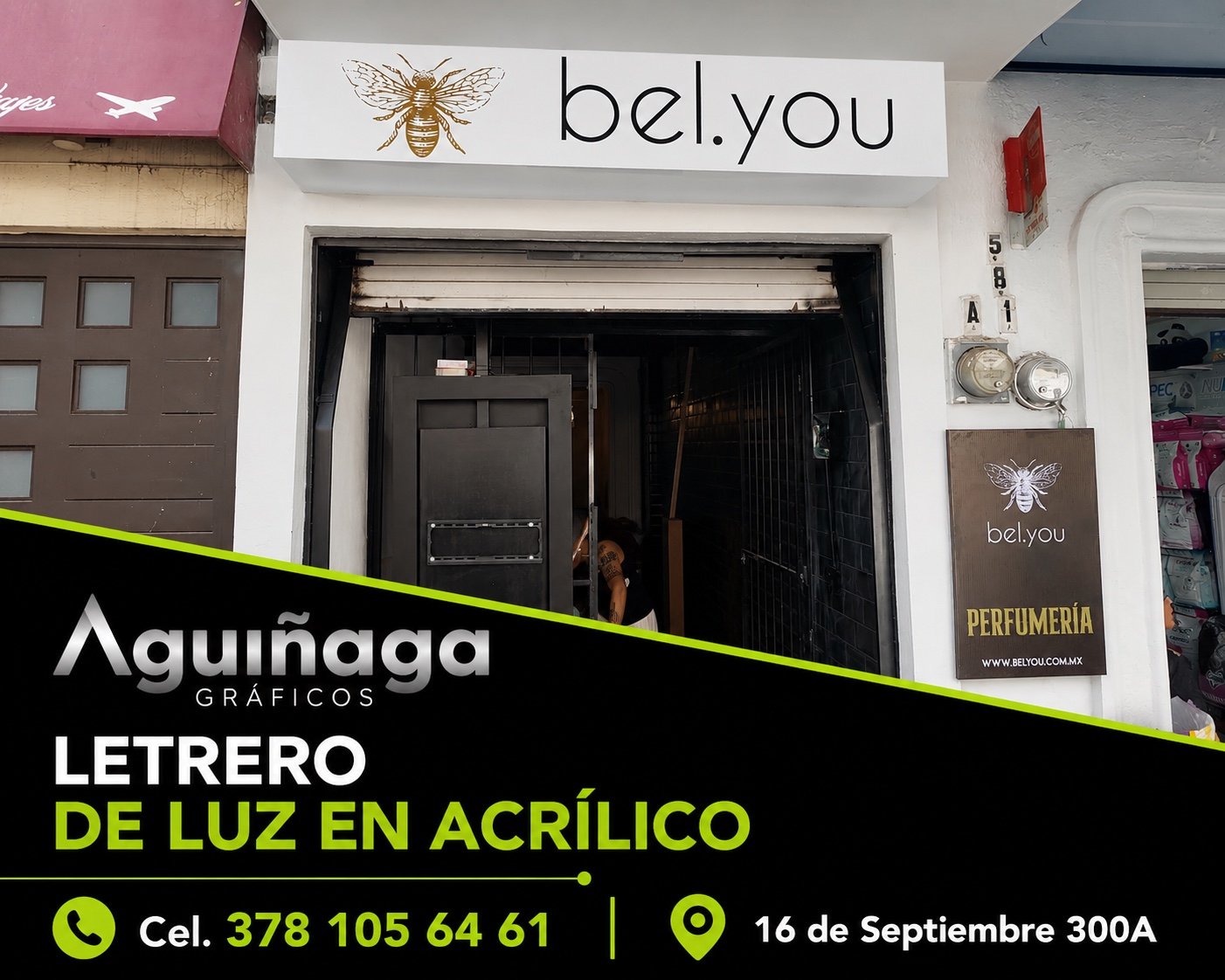 Letrero de luz en acrílico bel.you realizado por Aguiñaga Gráficos