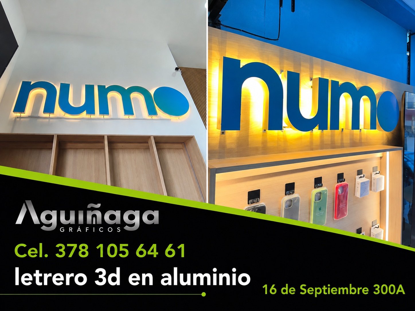 Letrero 3D en aluminio Numo realizado por Aguiñaga Gráficos