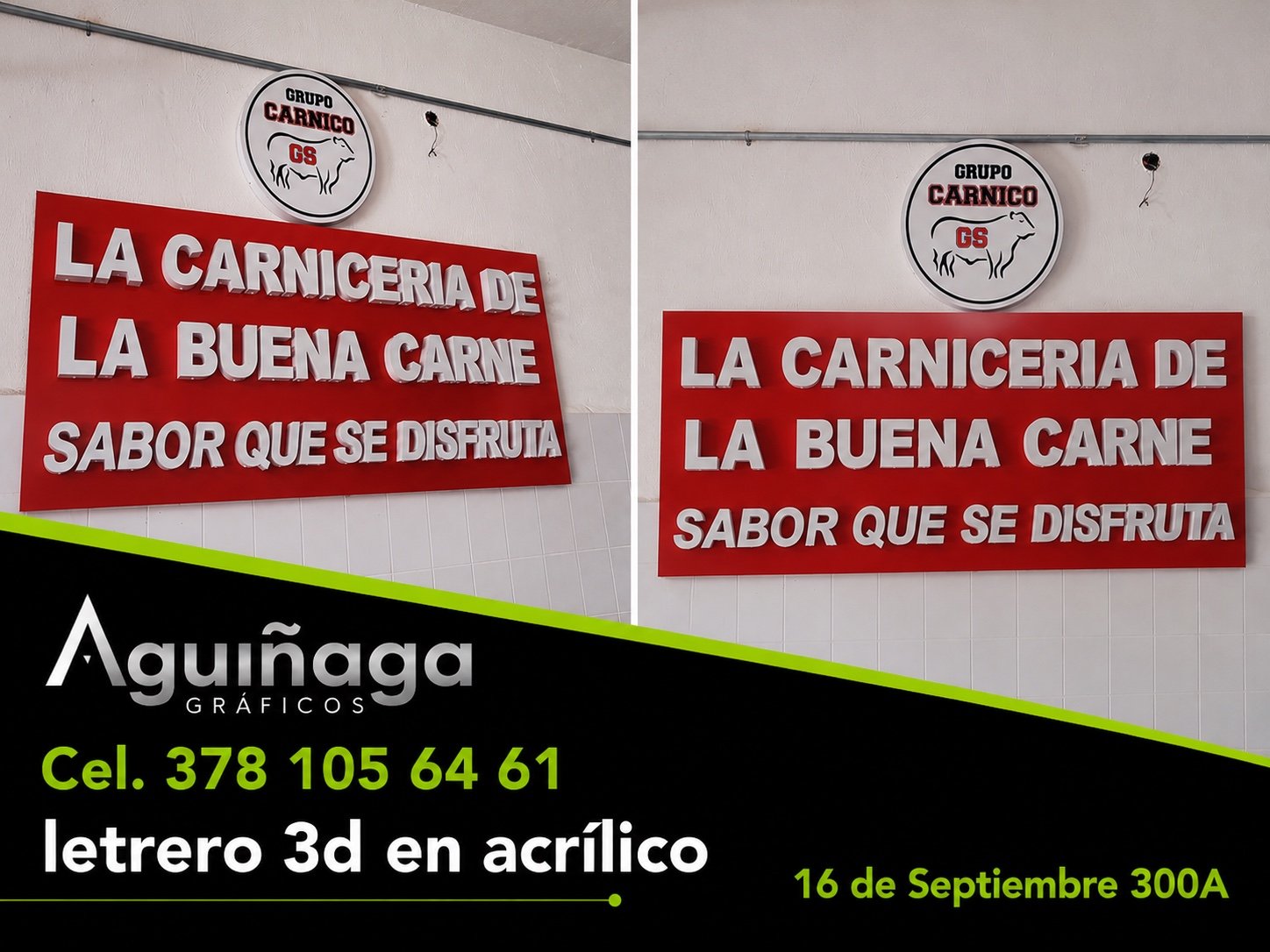 Letrero 3D en acrílico Grupo Cárnico GS realizado por Aguiñaga Gráficos